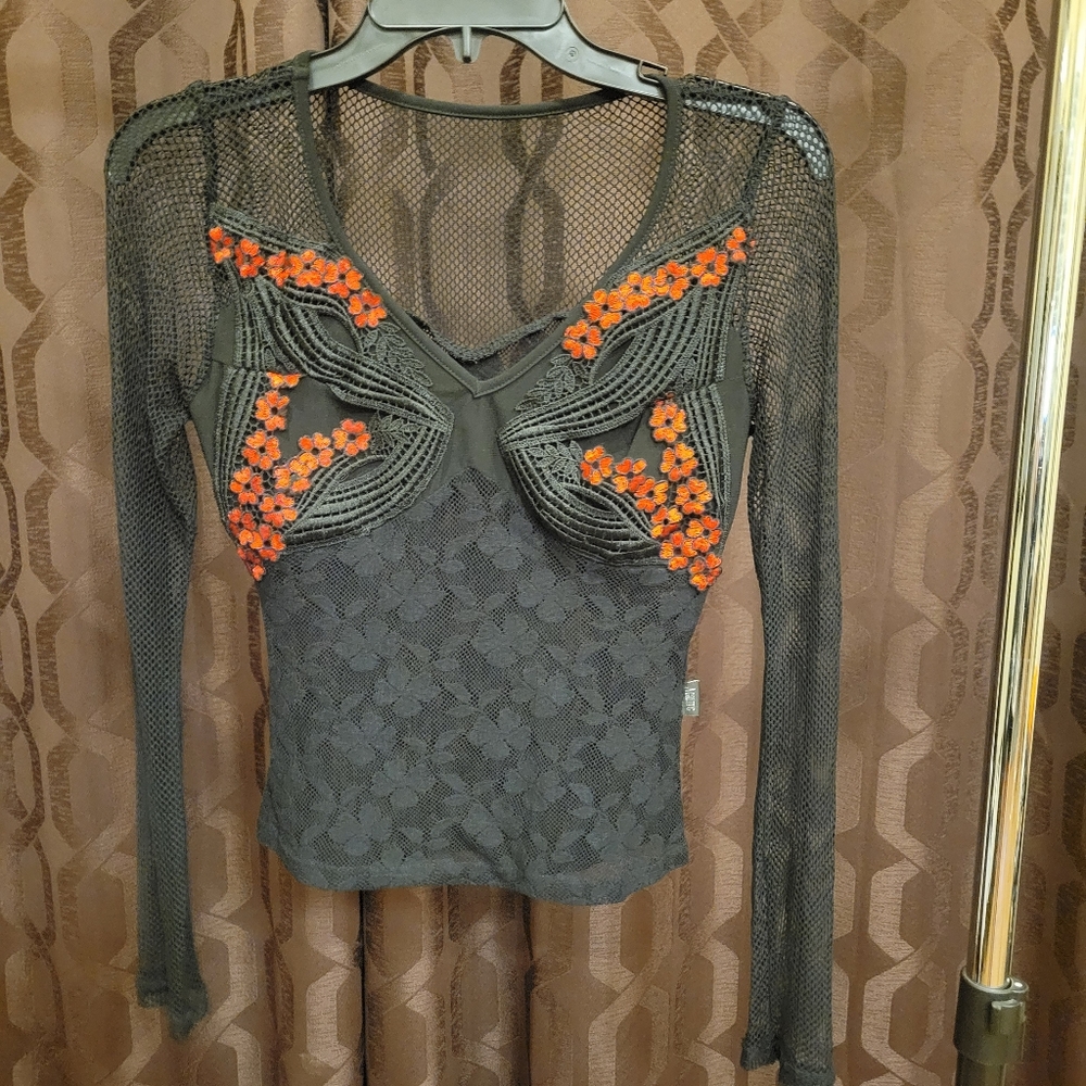 AGILITG Sheer Black Embellished Top - Red Flowers